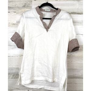 Stephanie Schaieh Womens M White Brown 100% Linen Short Sleeve Blouse Top NEW